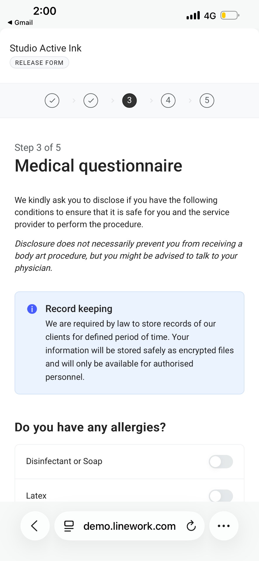 Health history form — medical questionnaire