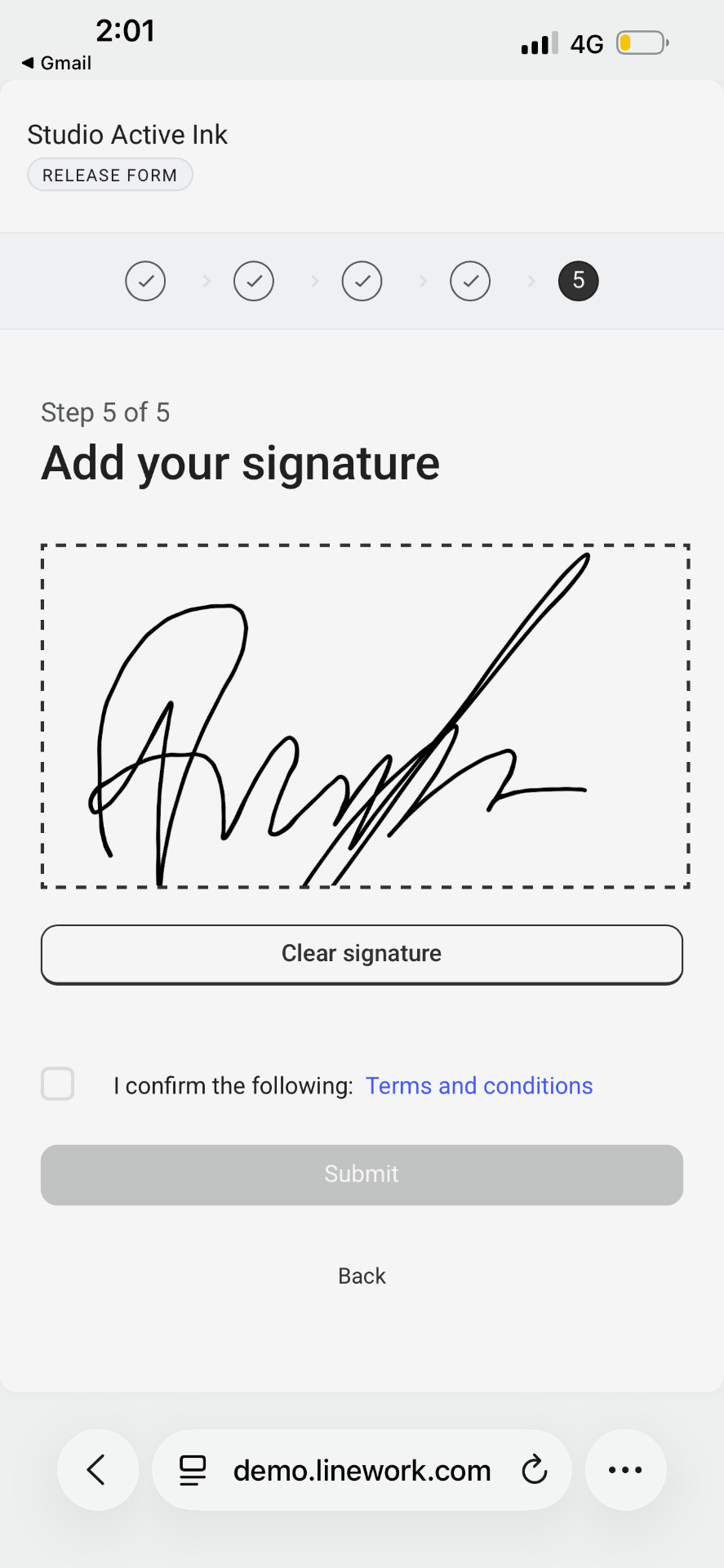 Health history form — digital signature