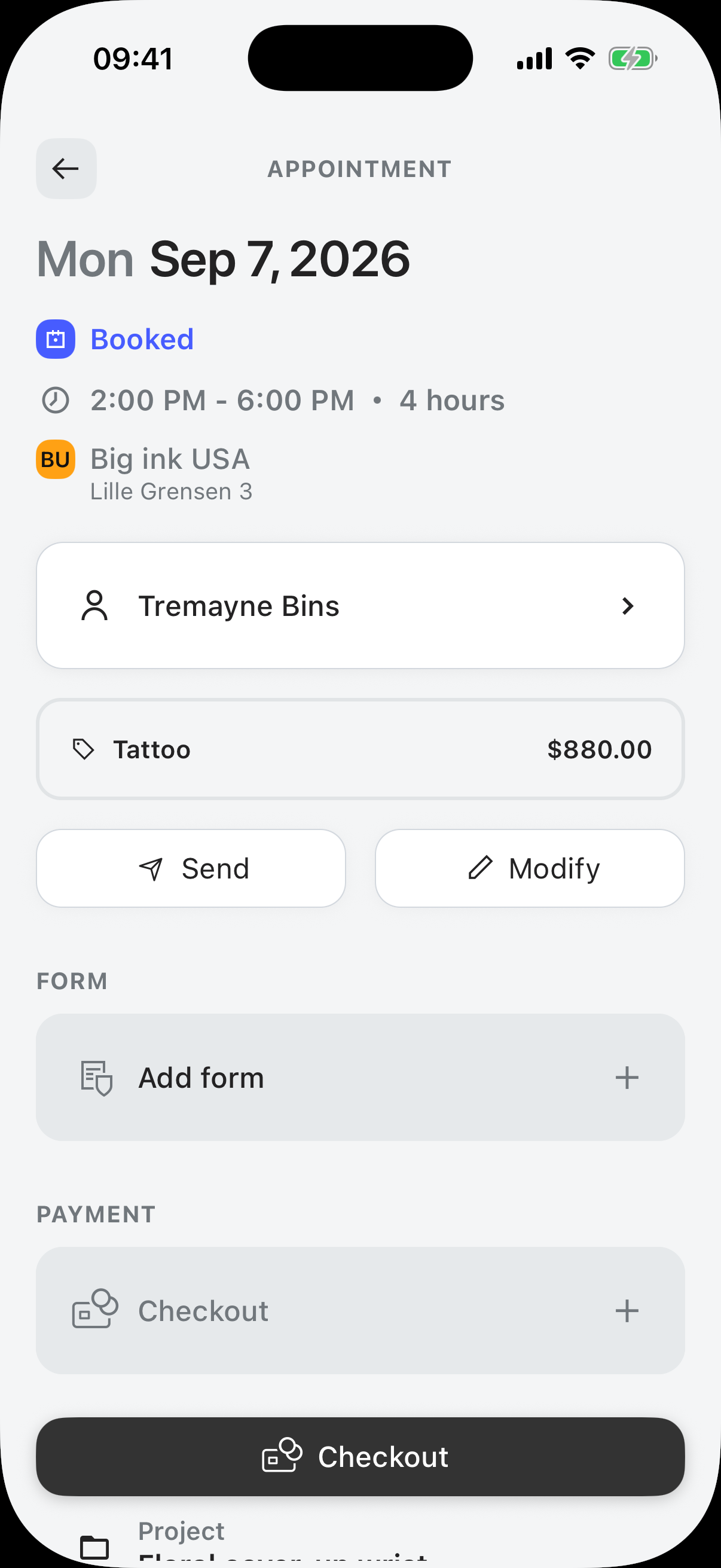 Appointment details in the Linework app — client, price, health declaration and a pending payment ready to check out
