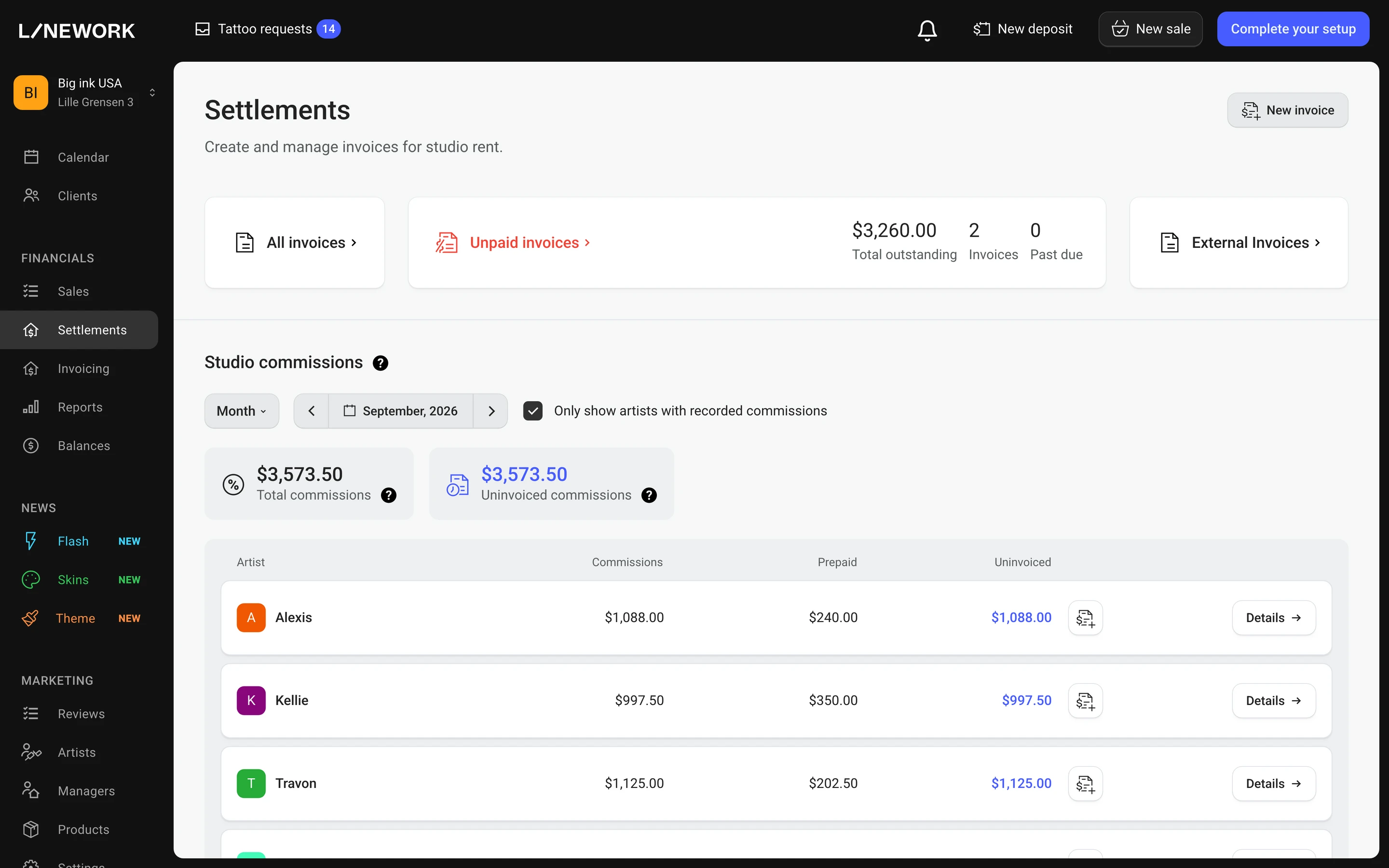 The Settlements dashboard in Linework, showing commissions, prepaid and uninvoiced amounts per artist